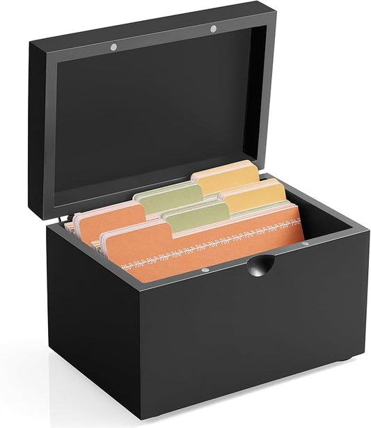 DRASTAR Index Card Holder 3x5, Wooden Index Card Organizer Box with 45 Index Card Dividers, Flashcard Notecard Holders for Home Office, Black