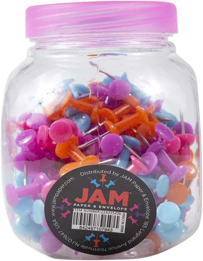 JAM PAPER Colorful Push Pins - Assorted Color Pushpin Jar - 12 Packs of 150