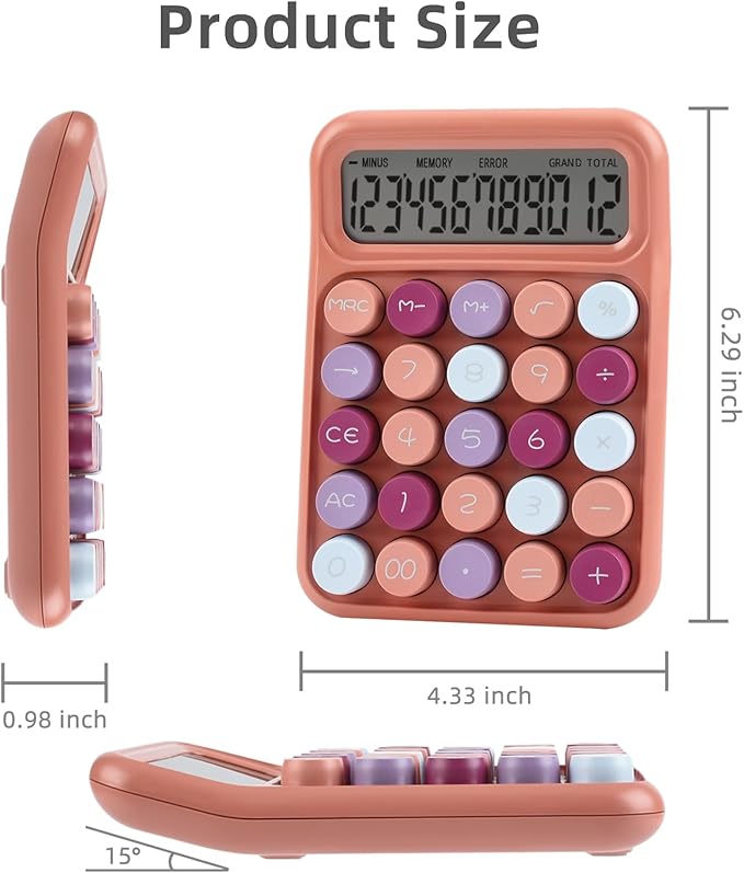 Desktop Mechanical Calculator, 12-Digit Large LCD Display Basic Standard Calculators with Cute Big Buttons, Office Accessories, School Supplies (Coffee)