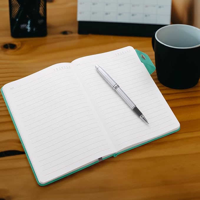 A5 Leather Journal Notebook with Pen, 200 Pages Hardcover Journal with Pocket, 100gsm Thick Lined Paper Daily Diary for Men and Women, Great Gift for Business School Travel Personal - Light Blue