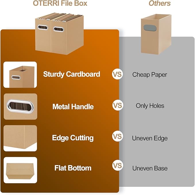 Oterri File Organizer, Small Storage Box, Cardboard File Folder Organizer, Collapsible File Box, Hanging File Organizer for Letter Size, Portable File Box with Handle, Only Box (Brown, 4 Packs)