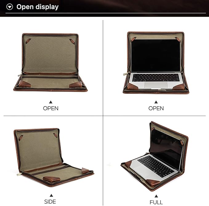 Top Grain Leather 16.2" Slim Laptop Zipper Folio Case Bag, Handmade & 2 Pockets, Compatible with MacBook Pro 16.2" A2485 M1 Max 15" Touch Bar A2141 A1707 Pro 16" Touch ID, Brown 16.2 Inch