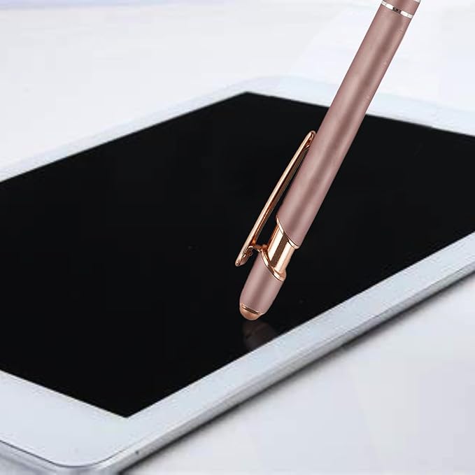 Ballpoint Pens with Stylus Tips，12 Pcs Rose Gold Retractable Metal Stylus Pen for Touch Screens, 1.0 mm Black Ink