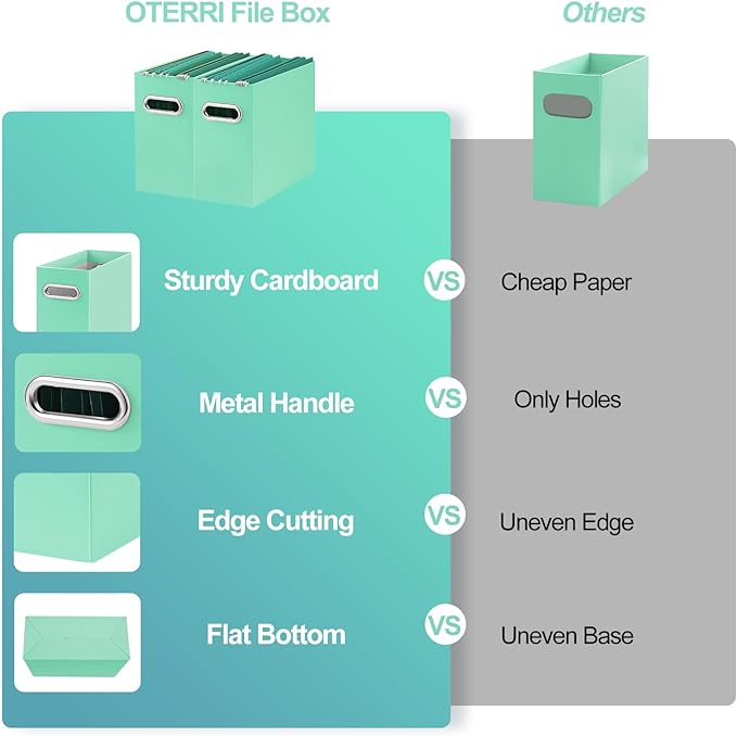 Oterri File Organizer, Small Storage Box, Cardboard File Folder Organizer, Collapsible File Box, Hanging File Organizer for Letter Size, Portable File Box with Handle, Only Box (Mint Green,6 Packs)