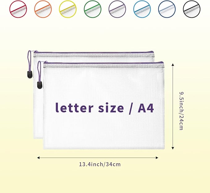 24 Pcs Mesh Zipper Pouch Bags, A4 Zipper Bags for Organizing Storage, Waterproof Zipper Pouches, File Bags for Cosmetics Travel Storage and Office Supplies