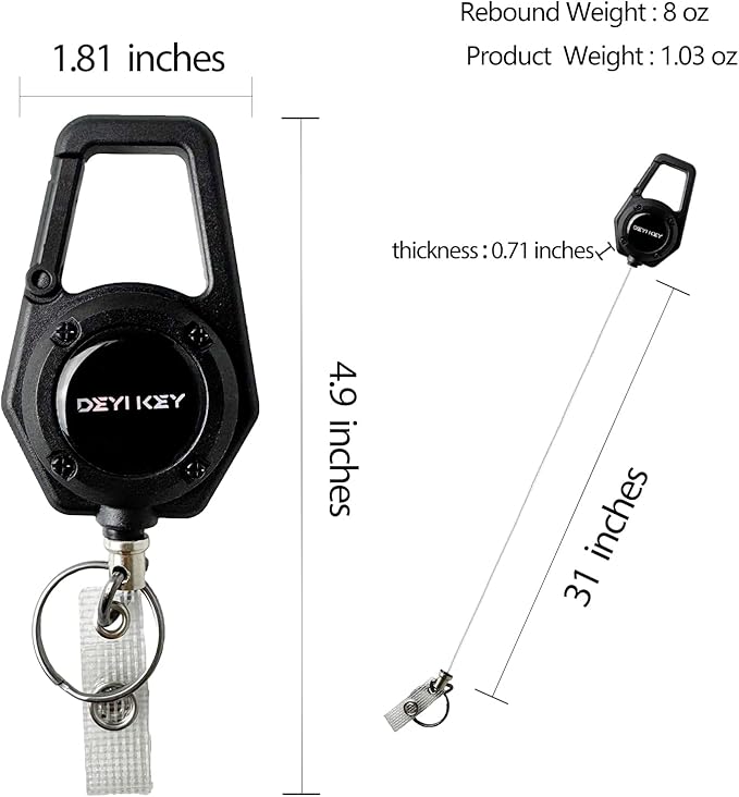 Retractable Keychain Heavy Duty, Multitool Carabiner Badge Holder, Retractable Keychain Clip Id Holder, Tactical ID Badge Reel with 29.5" Steel Retractable Cord, 2Pack Black
