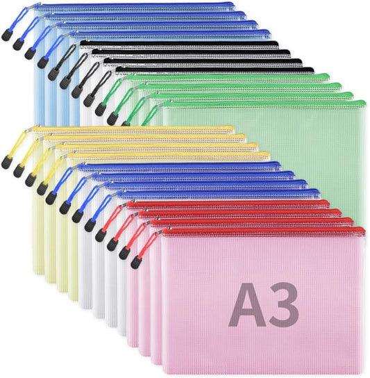 EOOUT 24pcs Mesh Zipper Pouch, A3 Size Board Game Storage 16.6 x 12.2 in Extra Large File Bags 6 Colors Waterproof Zipper Pouches for Travel, Puzzles, Office, and Home Organize