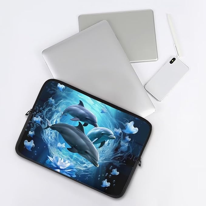 Dolphin Computer Sleeve for Women Men 13 inch Laptop Sleeve Durable Lap Top Case with Multiple Uses Tablet Bag Kawaii Animal Laptop Carrying Case Blue Flower Briefcase