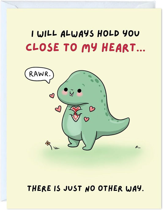 ALY LOU Anniversary Card for Her Him/Girlfriend Wife/Husband Boyfriend, Friendship Thank You Birthday Kawaii Greeting Card (Close to heart (t-rex))