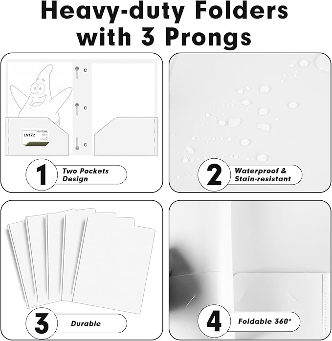 Plastic 2 Pocket Folders with Prongs, 30 Pack, Heavyweight, Letter Size Poly Folders with 3 Metal Prongs Fastener Clips (White)