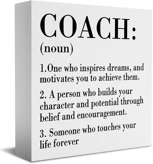 Inspirational Coach Noun Coach Gifts Desk Decor Wooden Box Sign Rustic White Wood Block Plaque Box Sign for Coach Mentor Trainer Tutor Home Office Desk Shelf Table Decoration Coach Definition