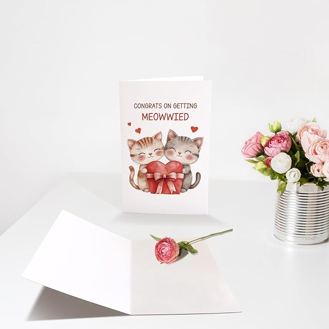 Cute Cat Wedding Card, Engagement Card for Cat Lover, Funny Wedding Congratulations Card for Couple, Congrats On Getting Meowwied Pun Card