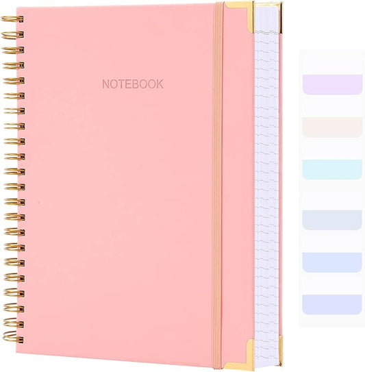 Spiral Notebook, College Ruled Notebook Journal, 7” x 10”, 300 Pages Leather Writing Journal for Women Men, B5 Hardcover Notebook for Work School, 24pcs Index Tabs, Pink