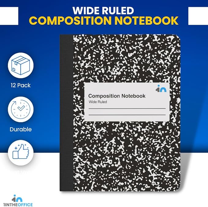 1InTheOffice Marble Composition Notebook, Wide Ruled Composition Notebook, 9.75" x 7.5", Black Marble Cover, 100 Sheets/Pack (12)