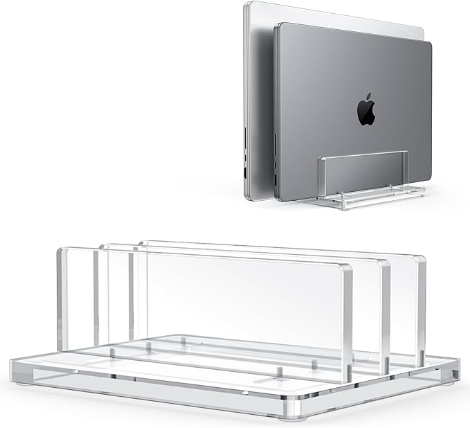 OMOTON Vertical Laptop Stand for Desk, Acrylic Dual Laptop Holder Desktop Clear Adjustable Dock for MacBook Pro Air, HP, All Gaming Laptops up to 17”