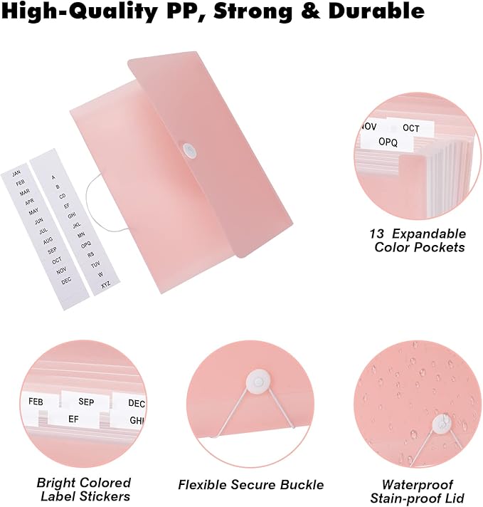 2 PCS Expanding File Folder A4,13 Pockets File Organiser with Colored Tags, Paperwork A4 Plastic Wallet Document Storage Expander for School,Office and Home, Pink