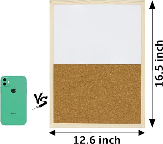 OWLKELA Dry Erase Cork Board 16.5"x12.6", Notice Pin Board, Memo Board, Vision Board, Bulletin Board for Office, Classroom or Home, Mounting Hardware and Push Pins Included, Wooden Frame