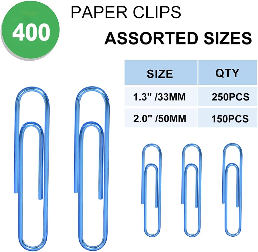 Vinaco Blue Paper Clips, 400PCS Assorted Sizes, 1.3" & 2" Paper Clips, Durable & Rustproof, Coated, Great for Office & School