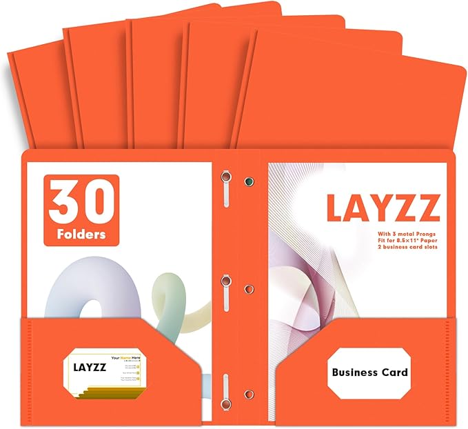 Plastic 2 Pocket Folders with Prongs, 30 Pack, Heavyweight, Letter Size Poly Folders with 3 Metal Prongs Fastener Clips (Orange)