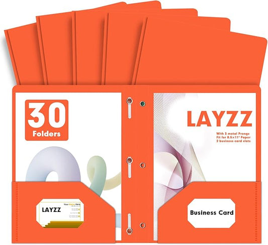 Plastic 2 Pocket Folders with Prongs, 30 Pack, Heavyweight, Letter Size Poly Folders with 3 Metal Prongs Fastener Clips (Orange)