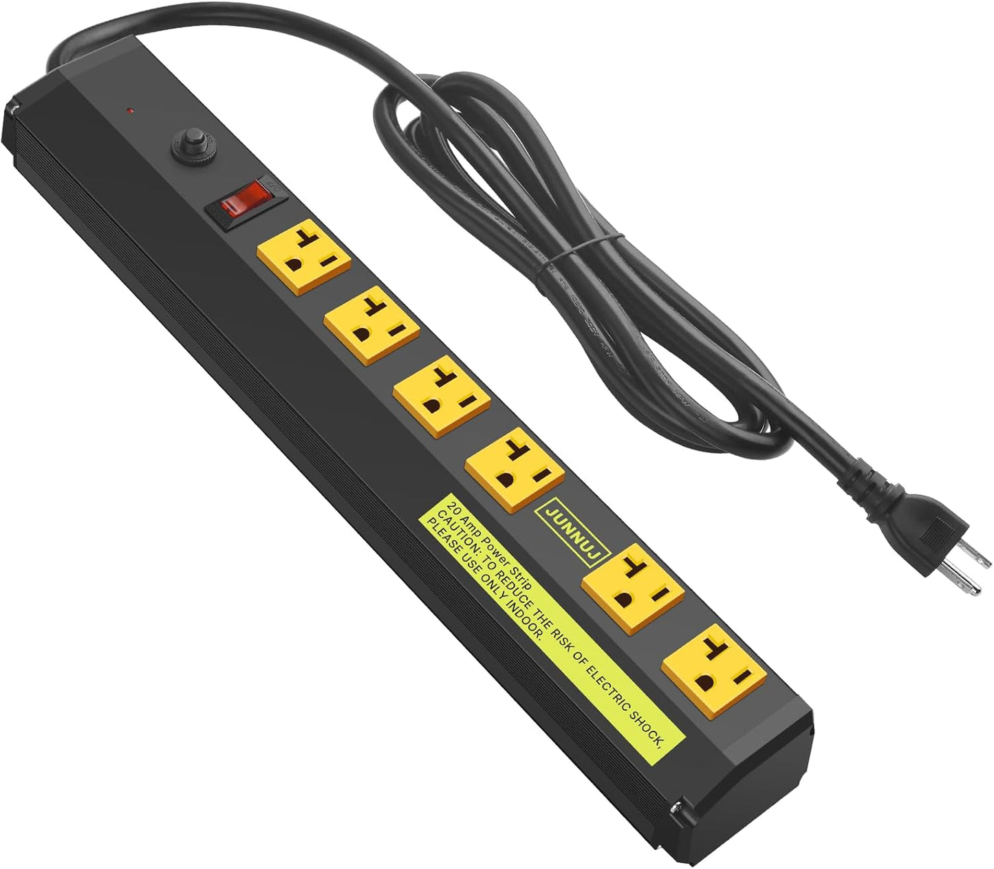 JUNNUJ Heavy Duty Metal Power Strip 20 Amp, High Amp Surge Protector 6 Outlet, 20A Power Strips Workshop Industrial Outlets Wide Spaced 6-20R T-Slot with Circuit Breaker, 12 Gauge Extension Cord 10ft