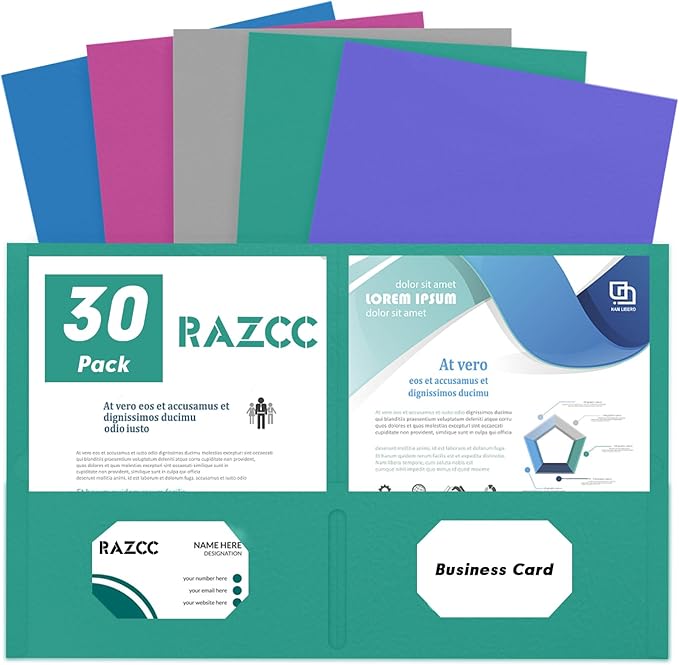 Two Pocket Folders, RAZCC 30 Pack 2 Pocket Folders Fit Letter Size Paper, Paper Folders with Pockets for School Office Business Home, Assorted 5 Colors