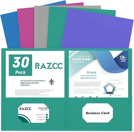 Two Pocket Folders, RAZCC 30 Pack 2 Pocket Folders Fit Letter Size Paper, Paper Folders with Pockets for School Office Business Home, Assorted 5 Colors