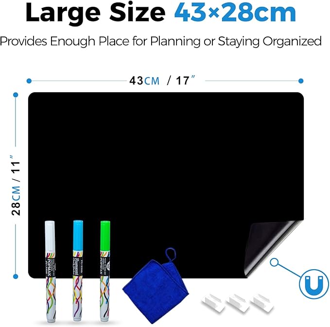 Magnetic Black Dry Erase Board Sheet 17" x 11" for Fridge, Easy to Read with 3 Bright Colors Chalk Markers, Small Refrigerator Magnet Whiteboard for Family Planner Grocery List