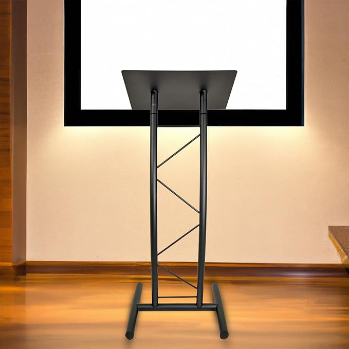 Kingdom KML8CB All Metal-Constructed Curved Lectern with “H” Style Base, Stand up Church Pulpit, Slanted Lectern, Conference Podium for Speakers, Speeches, Other Occasions, Powder Coat Finish Black