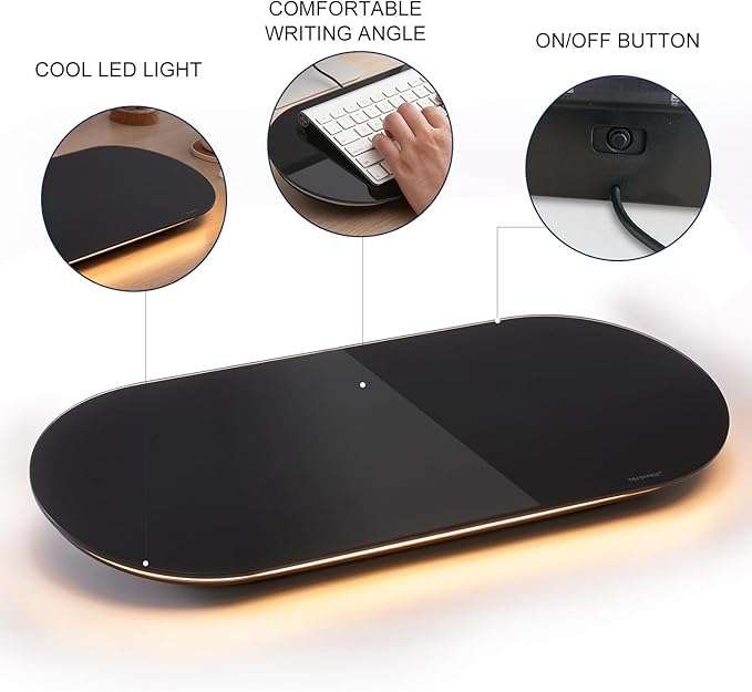 TSJ OFFICE Glass Desktop Whiteboard - 17 X 7 Inches Small Dry Erase Board with Warm Light, Black Glass White Board Surface Notepad with 1 Drawer, Desk Organizers for Office, Home, School Supplies