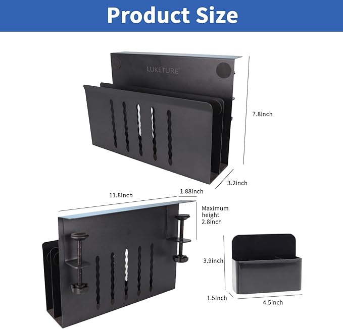 LUKETURE Desk Side Storage, 2 Tier Steel Hanging Organizer, No Drill Side Desk Organizer, Laptop Holder, with Pen Holder, Hanging Table Storage for Office and Home