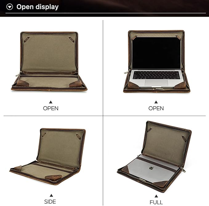 Top Grain Leather 16.2" Slim Laptop Zipper Folio Case Bag, Handmade & 2 Pockets, Compatible with MacBook Pro 16.2" A2485 M1 Max 15" Touch Bar A2141 A1707 Pro 16" Touch ID, Coffee 16.2 Inch