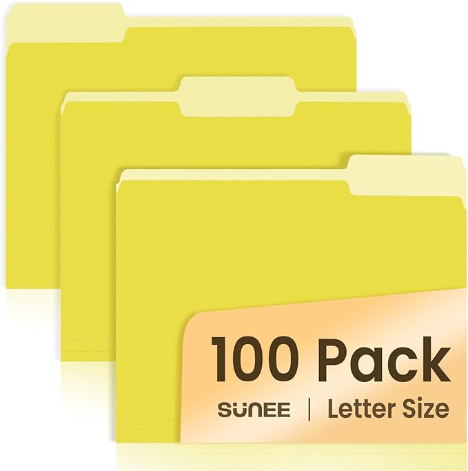 SUNEE File Folders Letter Size Yellow, 100 Pack Manilla Folders 8.5 x 11 1/3-Cut Tabs, Colored File Folders Office Home School for Documents Files Paper