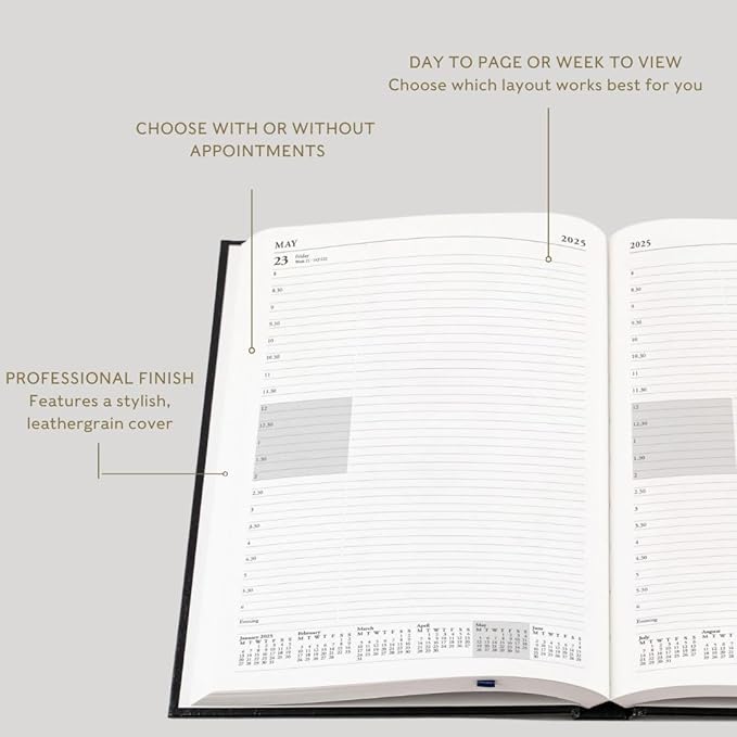 Collins Essential 2025 Business Diary - A4 Day to a Page with Appointments Planner with Leathergrain Hardback Cover - Blue - ESSA41A.60-25