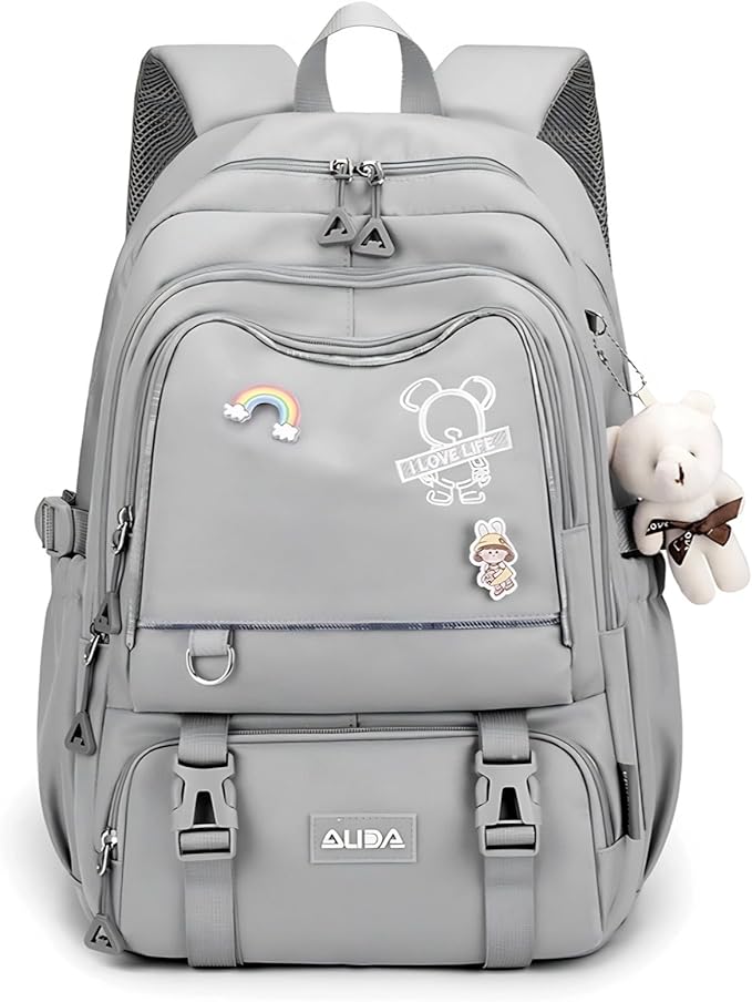 Cute School Laptop Backpack with Large Capacity Multiple Pockets for Girls Travel Friendly with Luggage Strap Accessory Included (Grey)