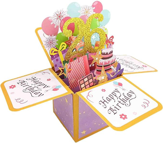 Asmallgf Happy 26th Birthday Pop Up Card for Women Men, Sweet 26 Bday 3D Greeting Card for Him Her, Great 26 Years Old Birthday Gift Ideas for Husband Wife