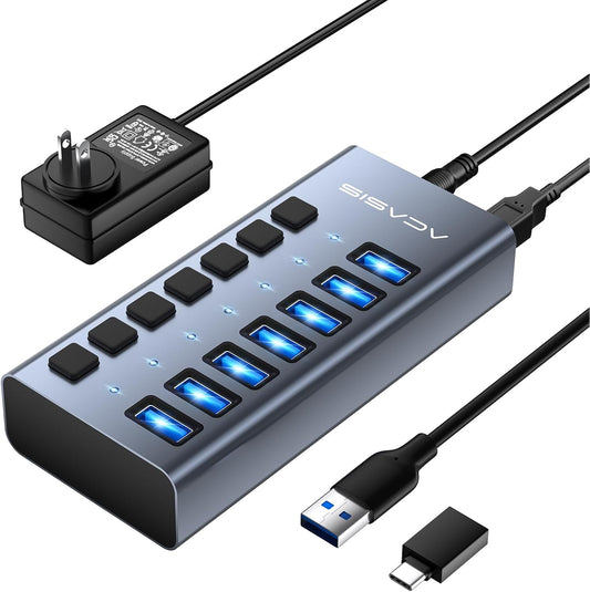 Powered USB 3.1 Hub, ACASIS 7 Ports USB 3.1 Hub with 10Gbps Data Speed，Aluminum Housing, USB Hub Powered with 24W Power Adapter, USB Hub for PC/Laptop, Computer, Flash Drive, Printer, Camera