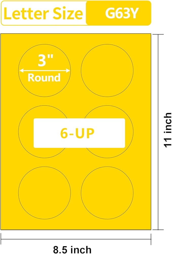 3 Inch Yellow Round Labels,20 Sheets,6 Circles per Sheet, Matte Yellow Color Coding Labels for Laser/Inkjet Printers,Colorful Dot Stickers Printable 3" Diameter,Letter Size
