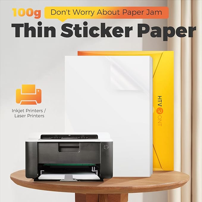 HTVRONT Printable Vinyl Sticker Paper, 100 Sheets Glossy Waterproof Sticker Paper For Inkjet Printer Dries Quickly-Standard Letter Size 8.5"X11" (100 g)