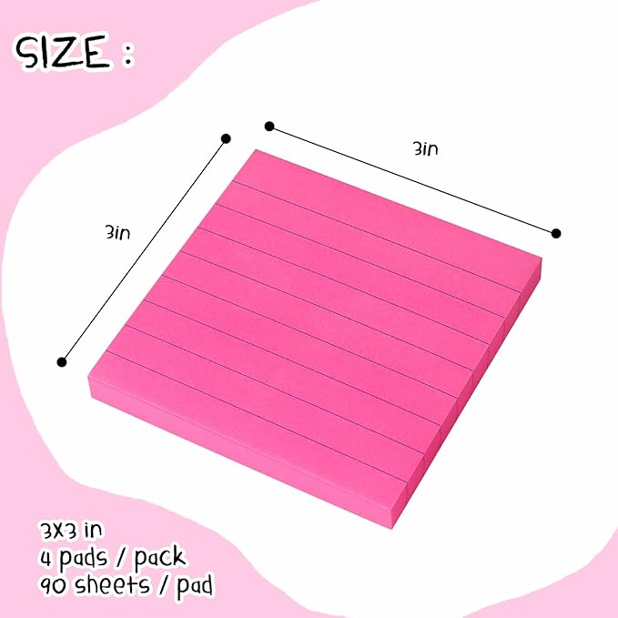 Lined Sticky Notes 3x3 Sticky Notes with Lines Self-Stick Notes Bright Color 4 Pads 90 Sheets/Pad (Bright)