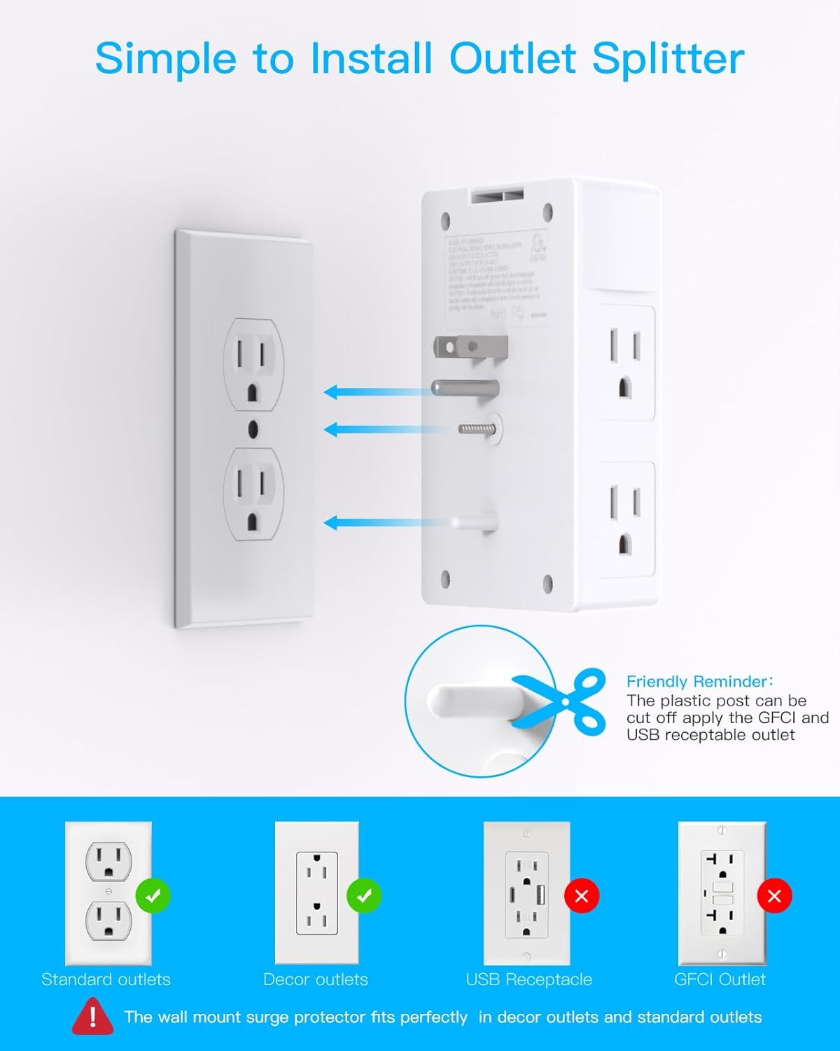 Surge Protector, 5 Outlets Extender with 4 USB Ports(USB C), 3-Side 1680J Power Strip Multi Plug Outlet Expander, USB Wall Charger, Outlet Splitter Adapter Wall Mount for Home Travel Office ETL Listed