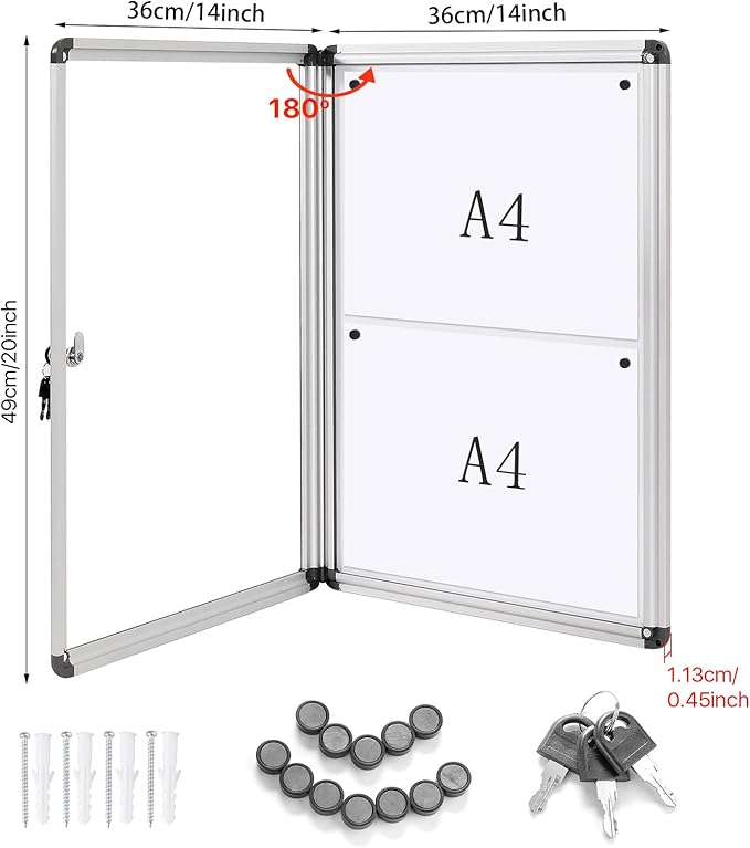 SWANCROWN Enclosed Bulletin Board Dry Erase Noticeboard Lockable Display Boards White with Aluminium Frame 20x14inch(2xA4)