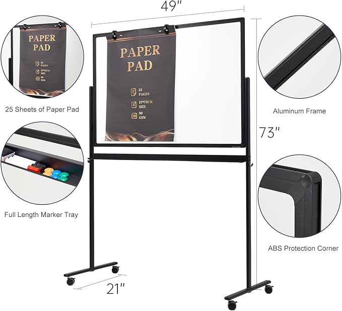 Mobile Clear Glass Whiteboard on Wheels - TANKEE 48" x 32" Dry Erase Board with Stand, Large Rolling White Board with 25 Sheets Paper Pad, Transparent Tempered Glass Board for Office Home School