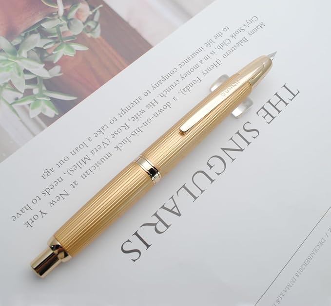 JINHAO 10 Press Fountain Pen, Retractable Metal Pen with Ink Converter (EF Nib 0.38mm, Striated Golden)