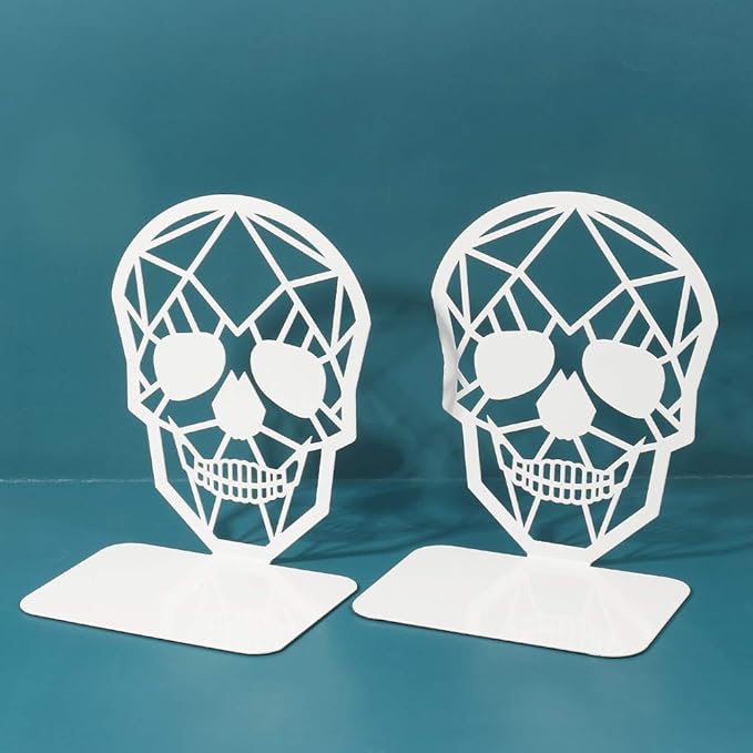 Metal Skull Design White Bookend - Heavy-Duty Bookends for Shelves, Skull Book Ends for Heavy Books, Book Shelf Holder Home Office Decorative Desktop Organizer (2 Pair-White)