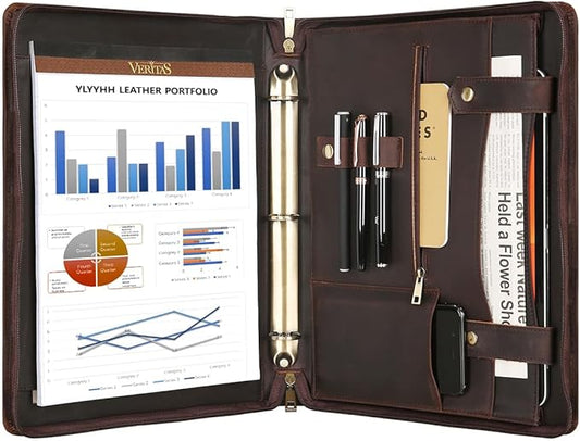 Portfolio Binder 3 Ring, Leather Binder Portfolio Folder for Left-Handed, Zippered Portfolio Padfolio Binder for Women, Leather Portfolio Organizer for Men (Dark Brown, Non-Custom)