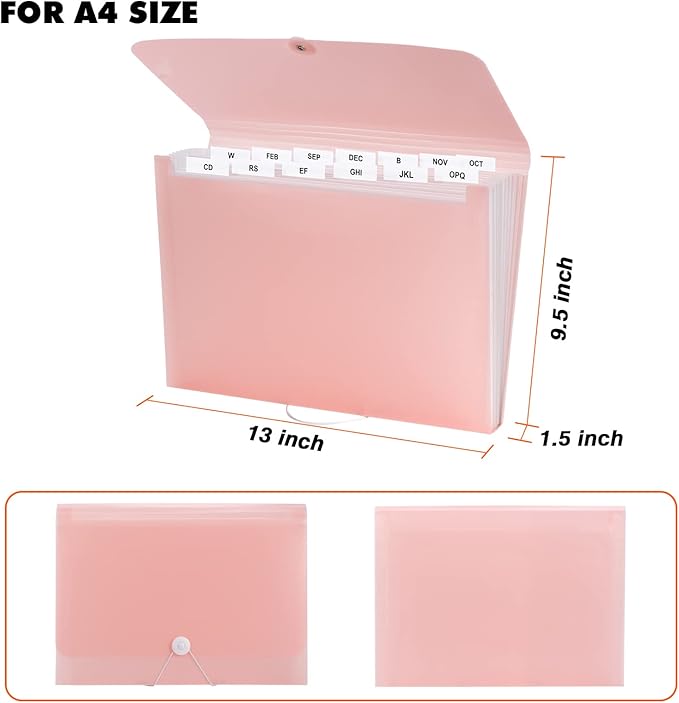 Expanding File Folder A4,13 Pockets File Organiser with Colored Tags, Paperwork A4 Plastic Wallet Document Storage Expander for School,Office and Home, Pink