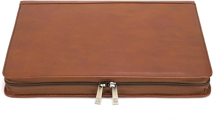 Genuine Leather Portfolio Binder, Zippered Padfolio for Men Women, Business Folio with 8.5” x 11” Notebook Holder and 13” Laptop Sleeve, Professional Executive Folder, Brown, Oil Tanned
