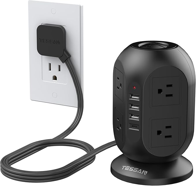 Surge Protector Power Strip Tower, TESSAN 10 ft Flat Extension Cord with Multiple Outlets, 8 AC Outlets 4 USB Ports (1 USB C), Charging Station with Surge Protection for Home Office Dorm, Black