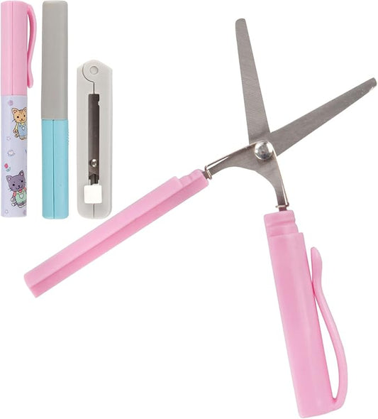 JubileeYarn Portable Travel Safety Scissors, Pen & Push Folding Style - Garden Kitty Pen, Light Blue Pen, Grey Push